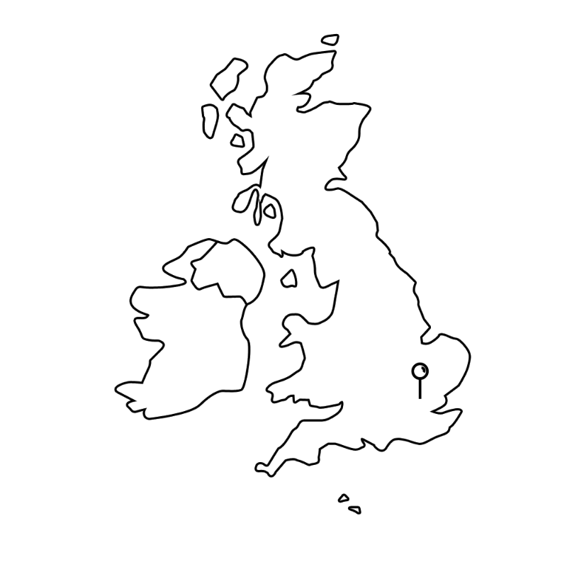 Stylised outline map of the United Kingdom on a black background.